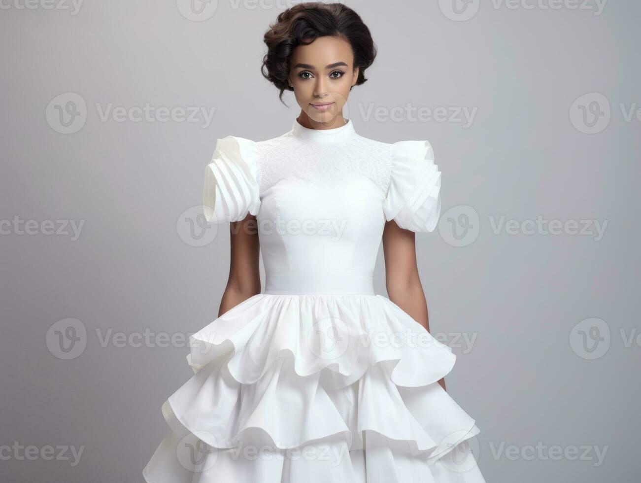 Smiling young woman of Mexican descent dressed in elegant dress on gray background AI Generative photo