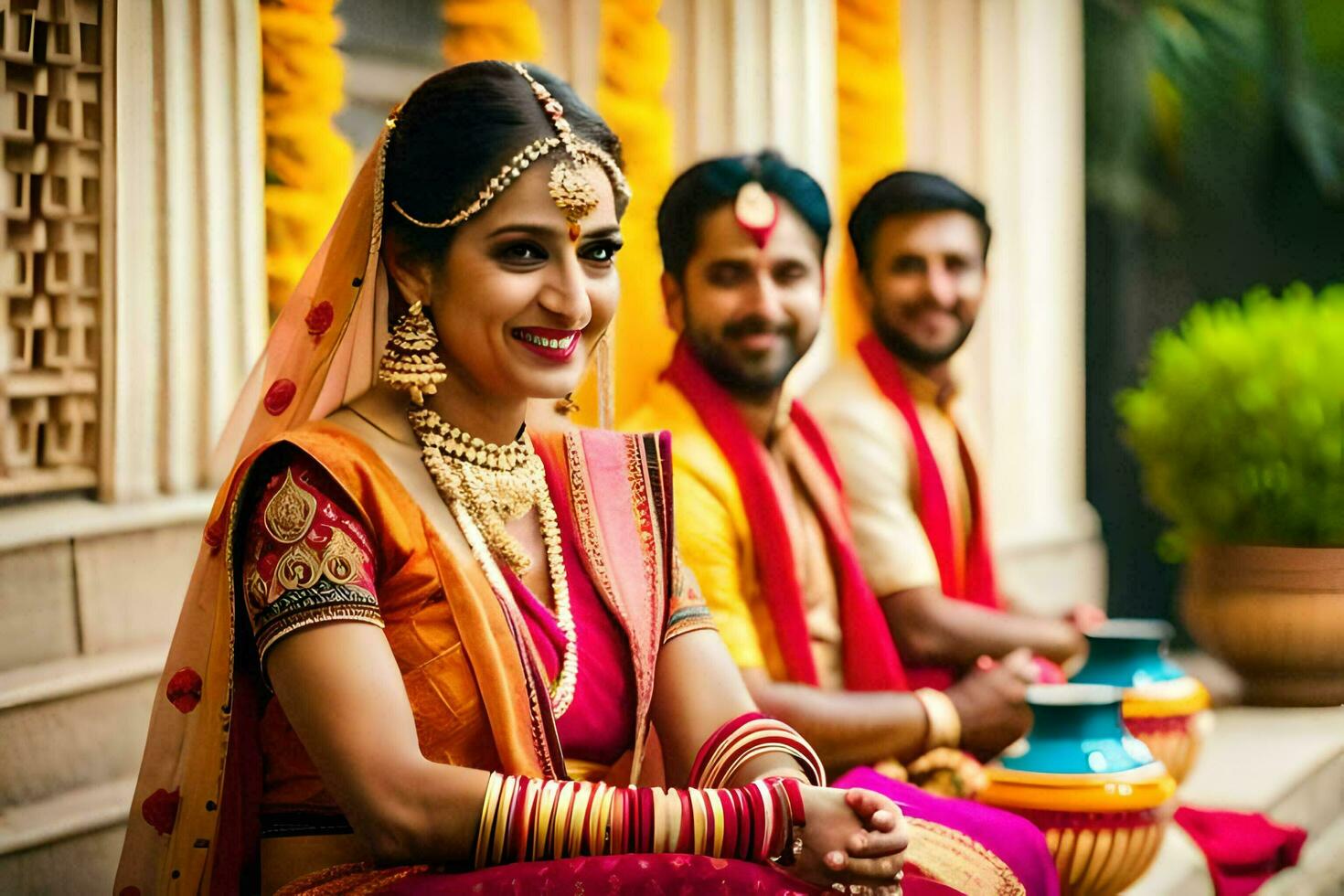 a bride and groom in traditional indian attire. AI-Generated photo