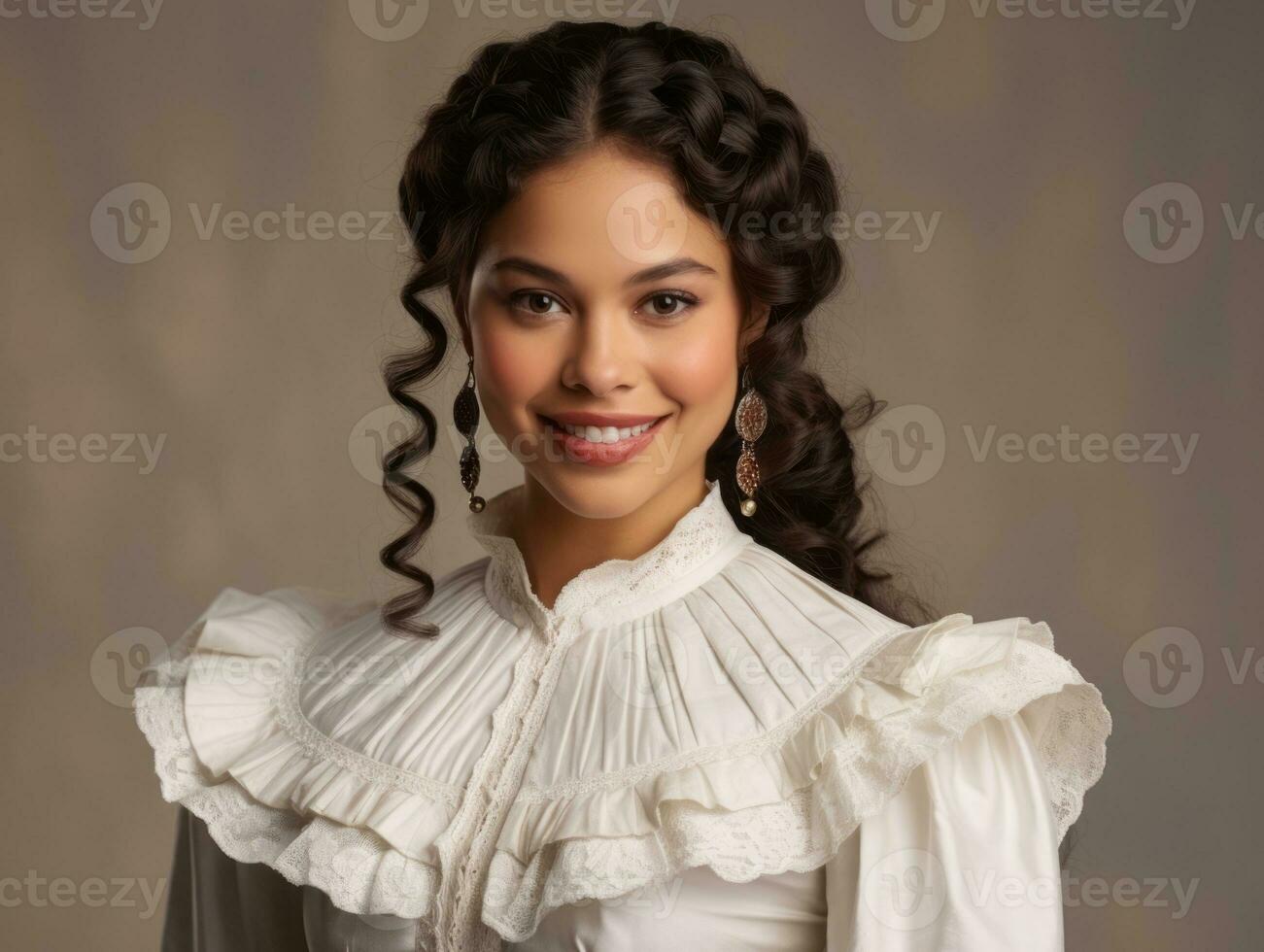 Smiling young woman of Mexican descent dressed in elegant dress on gray background AI Generative photo