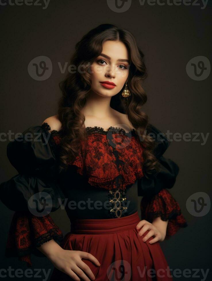 Smiling young woman of Mexican descent dressed in elegant dress on gray background AI Generative photo