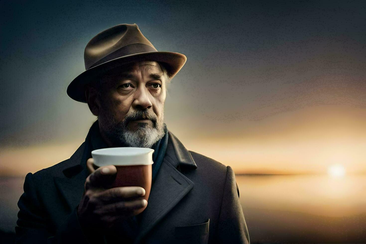 a man in a hat and coat holding a coffee cup. AI-Generated photo