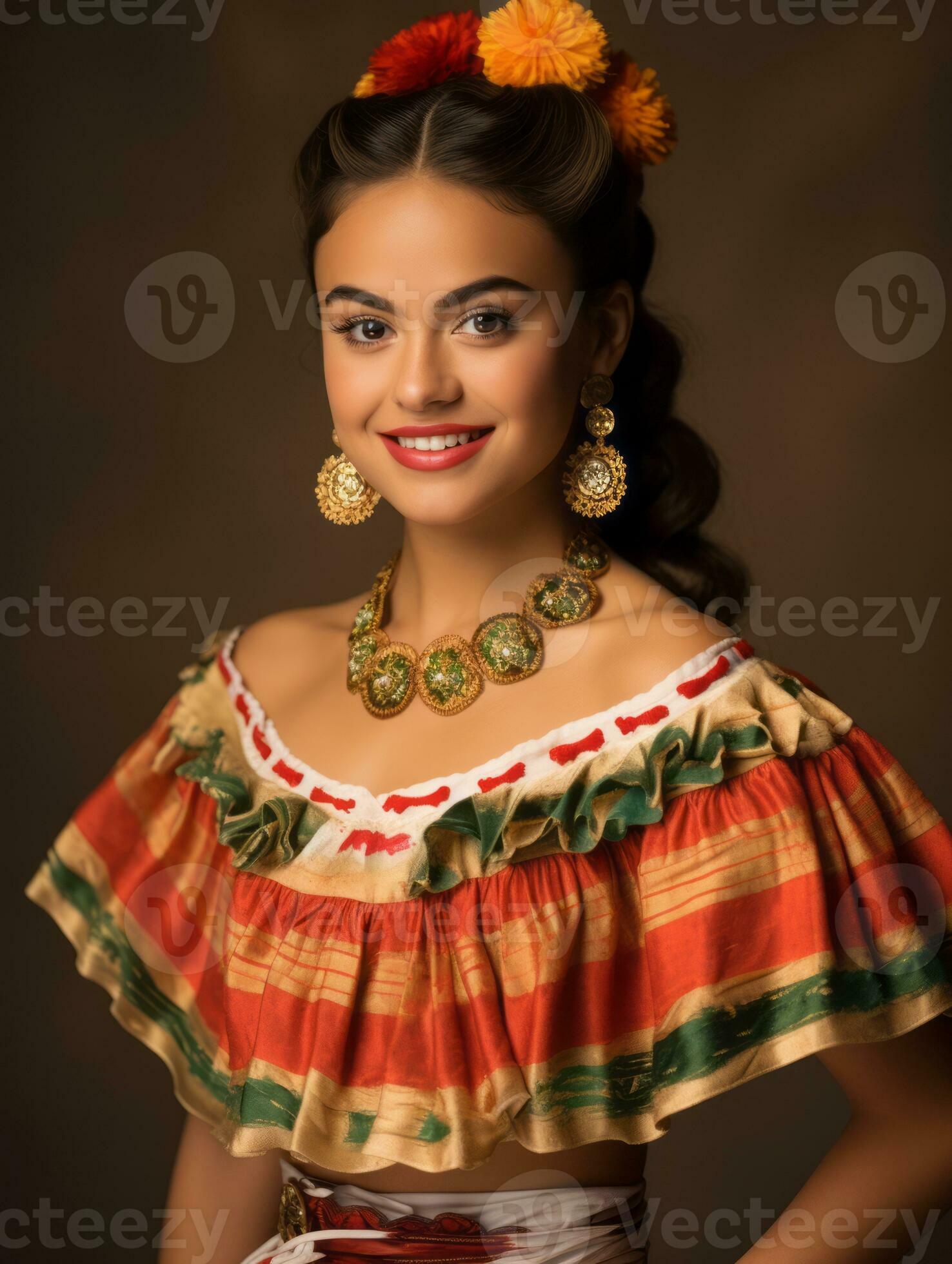 Smiling young woman of Mexican descent dressed in elegant dress on gray