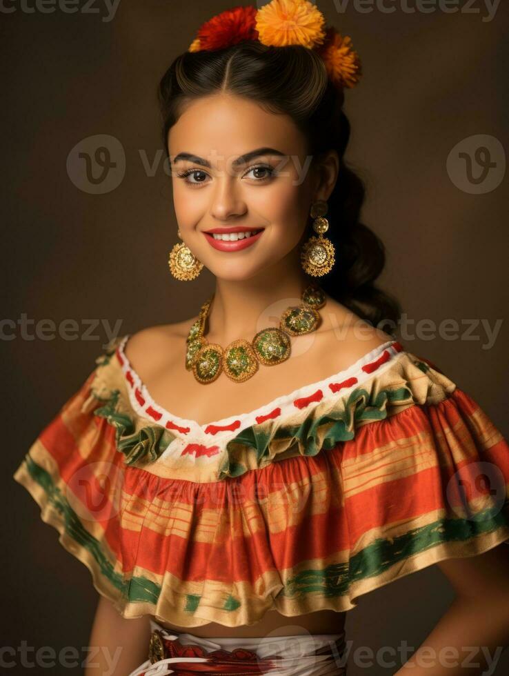 sonriente joven mujer de mexicano descendencia vestido en elegante vestir en gris antecedentes ai generativo foto