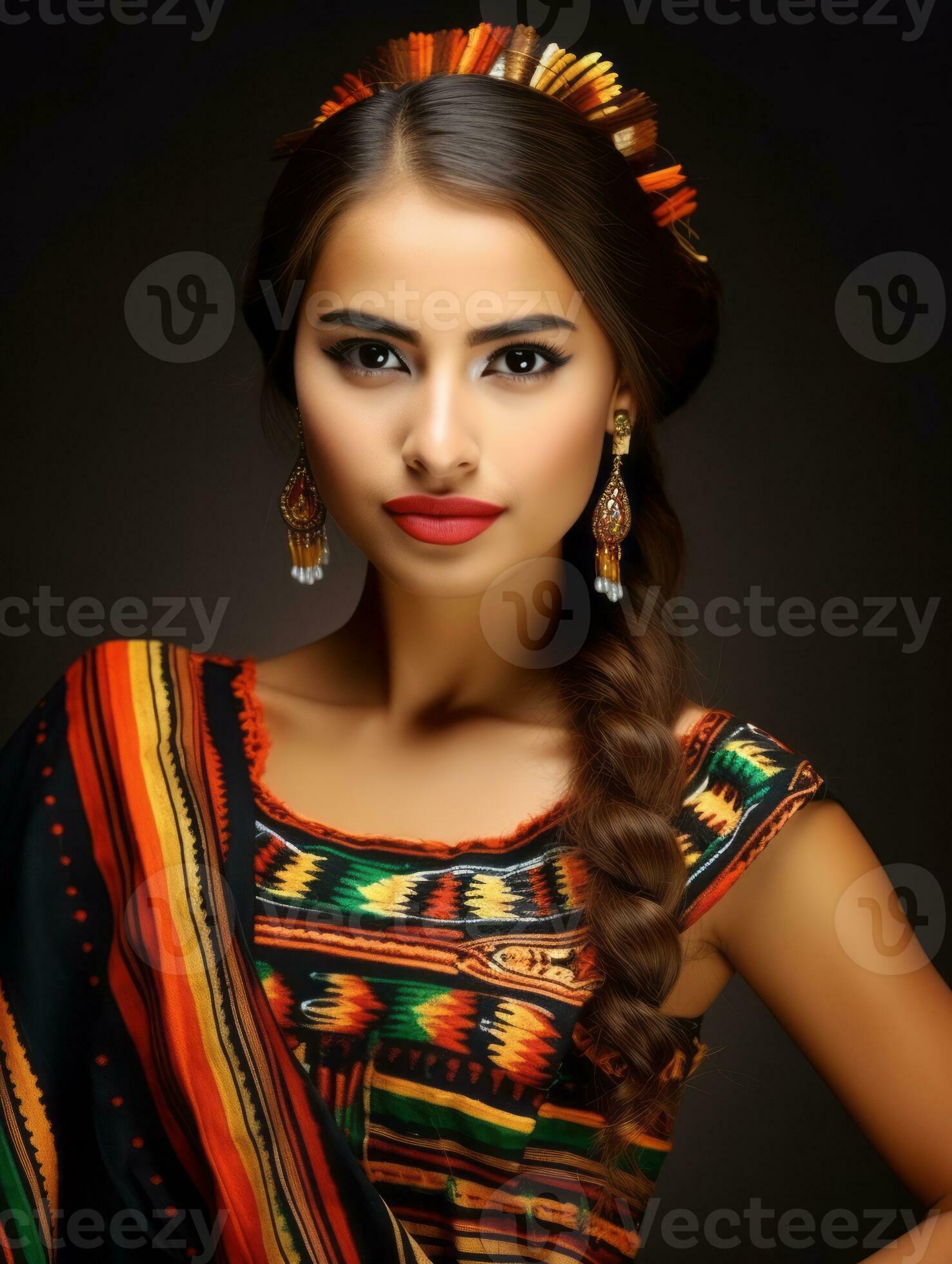 Smiling young woman of Mexican descent dressed in elegant dress on gray