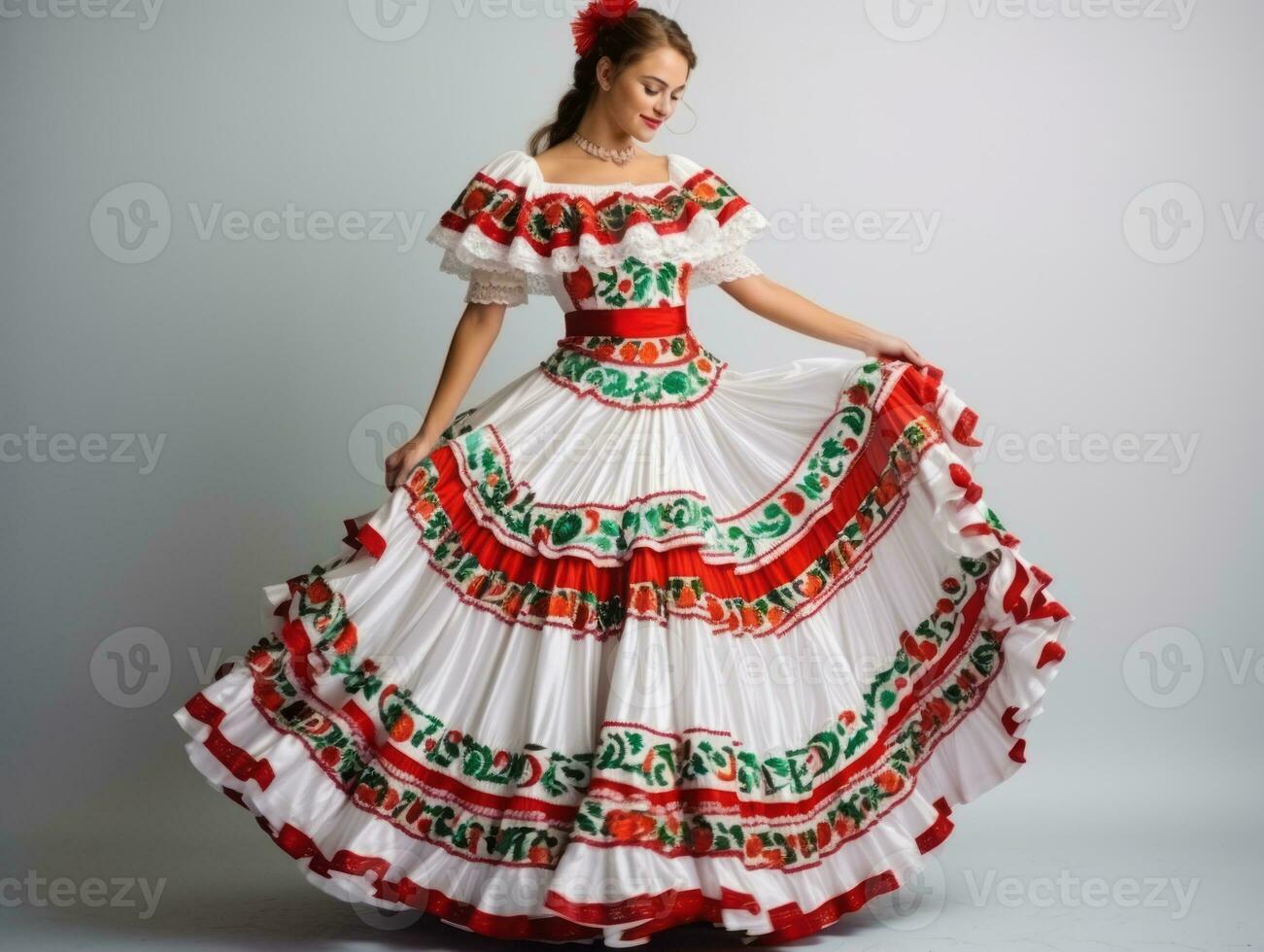 sonriente joven mujer de mexicano descendencia vestido en elegante vestir en gris antecedentes ai generativo foto