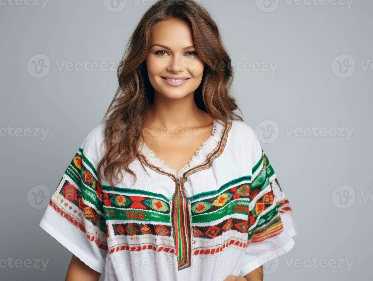 Smiling young woman of Mexican descent dressed in elegant dress on gray background AI Generative photo