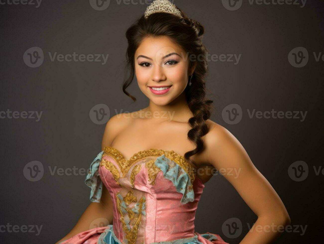 Smiling young woman of Mexican descent dressed in elegant dress on gray background AI Generative photo