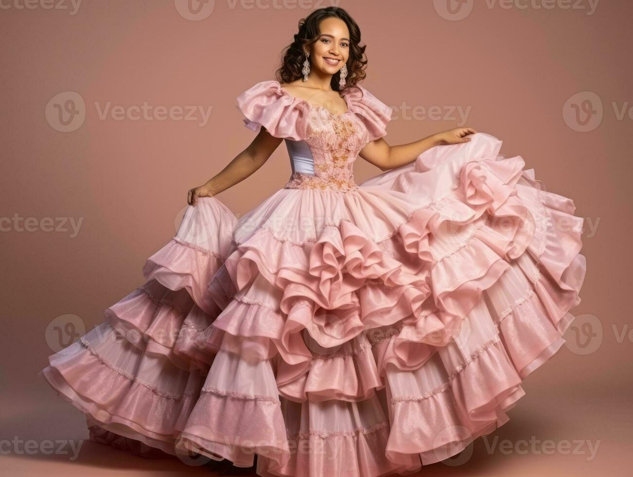 Smiling young woman of Mexican descent dressed in elegant dress on gray background AI Generative photo