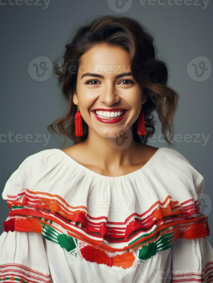 sonriente joven mujer de mexicano descendencia vestido en elegante vestir en gris antecedentes ai generativo foto