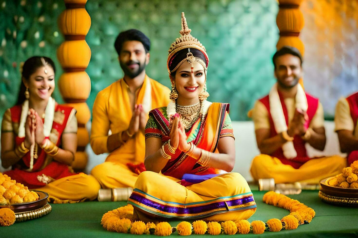 a woman in traditional indian attire sits on the floor with her hands in the air. AI-Generated photo