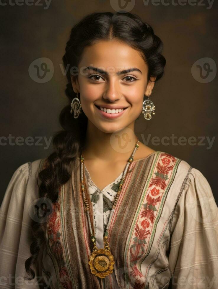 Smiling young woman of Mexican descent dressed in elegant dress on gray background AI Generative photo