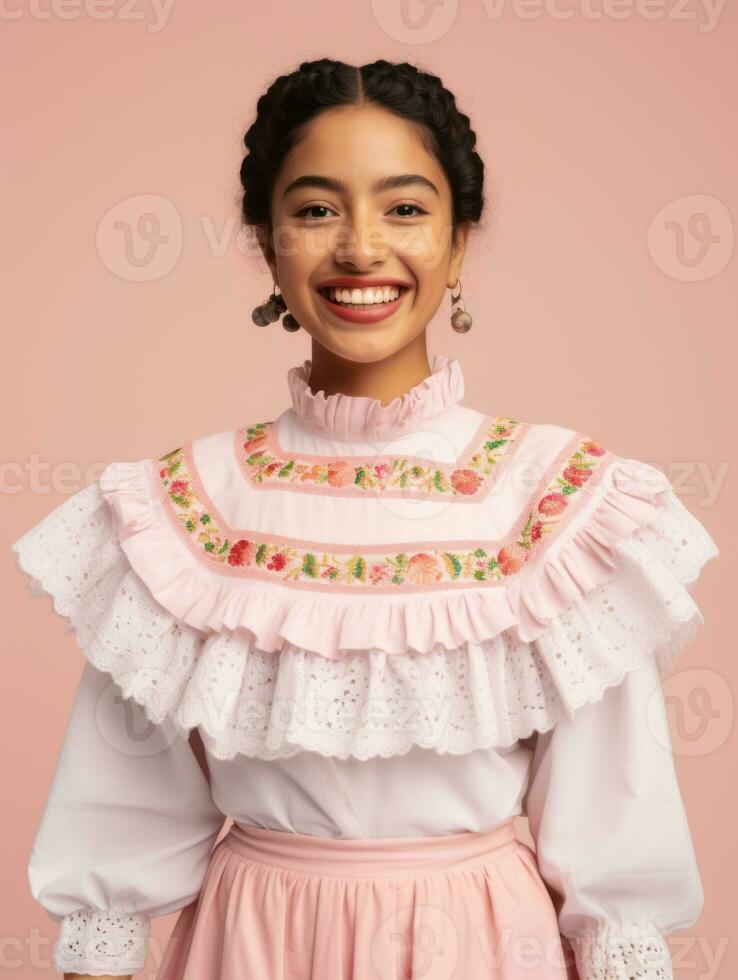 Smiling young woman of Mexican descent dressed in elegant dress on gray background AI Generative photo