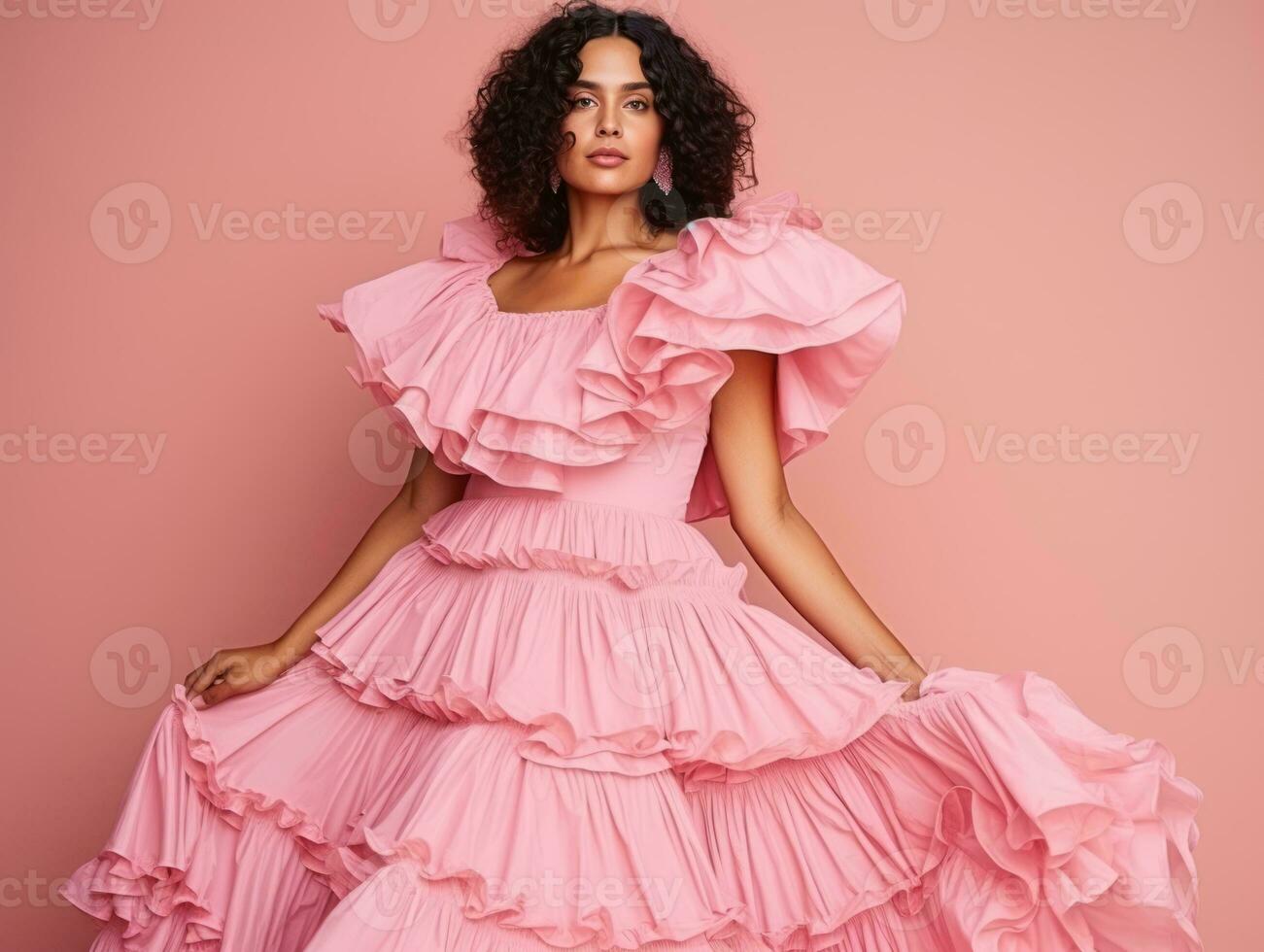 Smiling young woman of Mexican descent dressed in elegant dress on gray background AI Generative photo