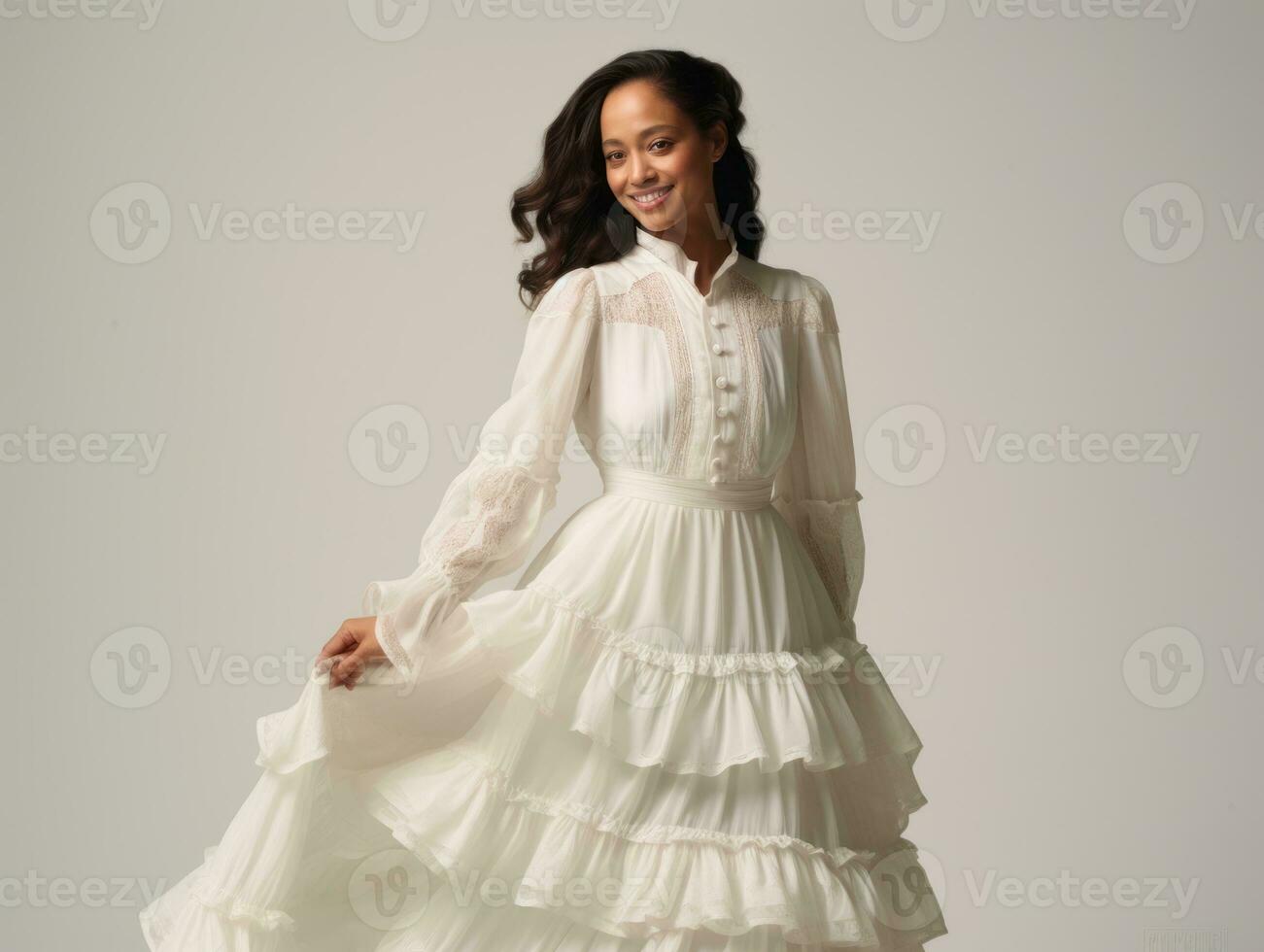 Smiling young woman of Mexican descent dressed in elegant dress on gray background AI Generative photo