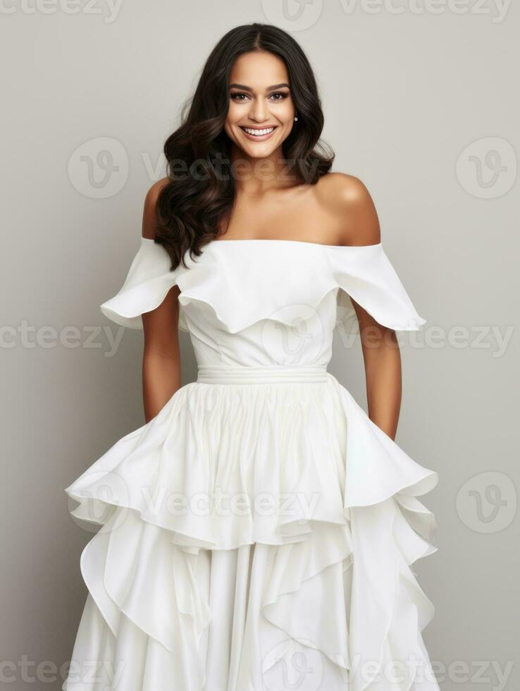 Smiling young woman of Mexican descent dressed in elegant dress on gray background AI Generative photo