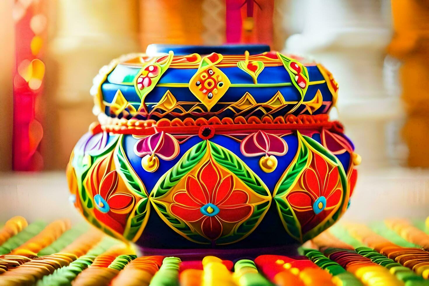 colorful decorative pot on a table with colorful beads. AI-Generated photo