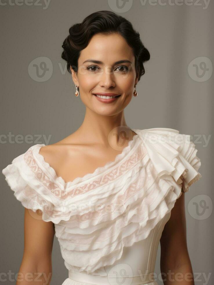 Smiling young woman of Mexican descent dressed in elegant dress on gray background AI Generative photo