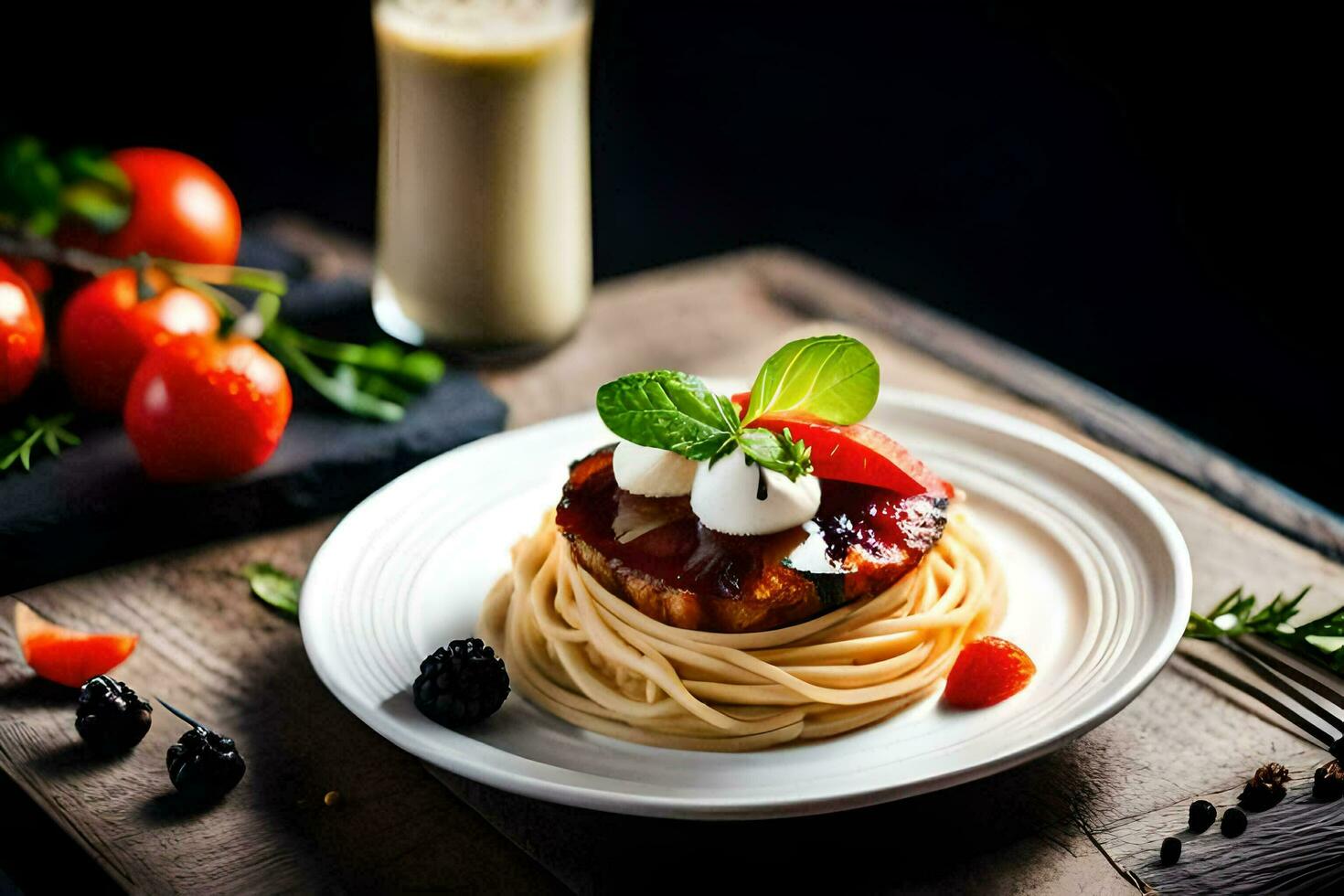 pasta with tomato, basil and mozzarella on a white plate. AI-Generated photo