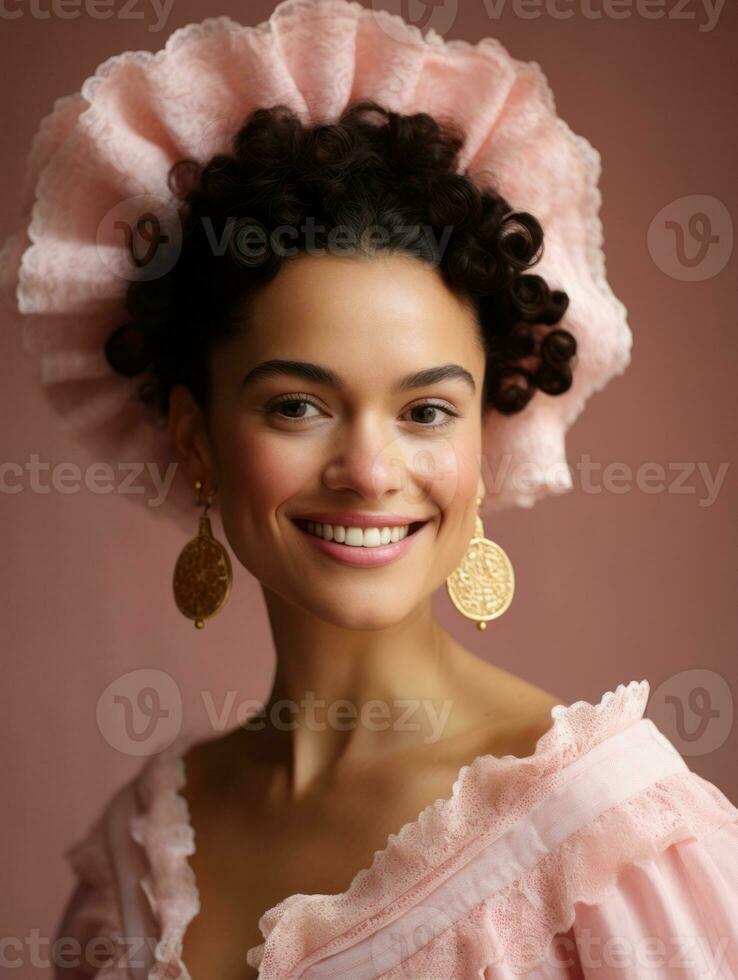 Smiling young woman of Mexican descent dressed in elegant dress on gray background AI Generative photo