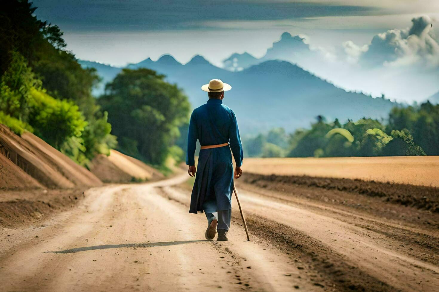 a man in a cowboy hat walks down a dirt road. AI-Generated photo