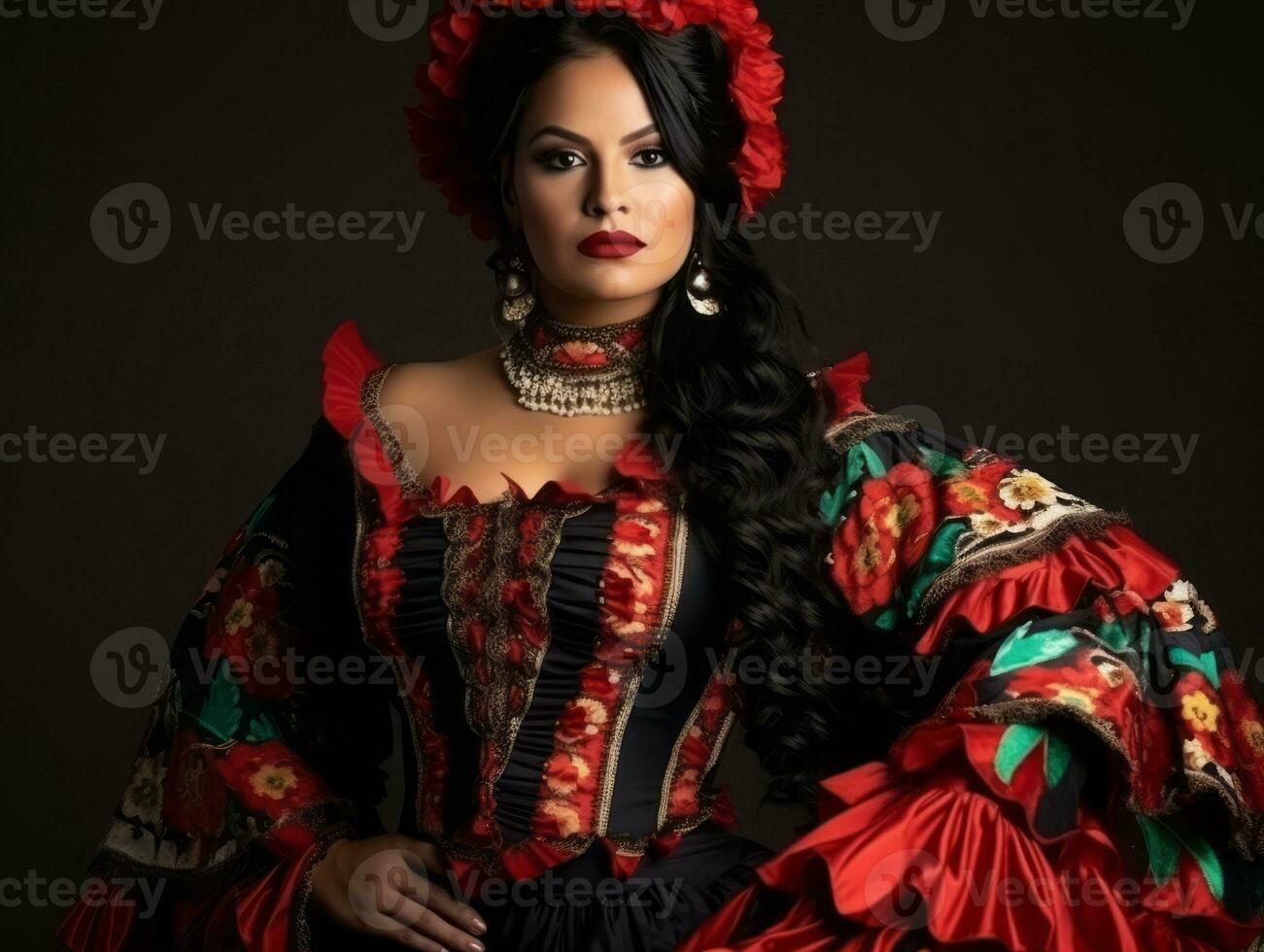 Smiling young woman of Mexican descent dressed in elegant dress on gray background AI Generative photo