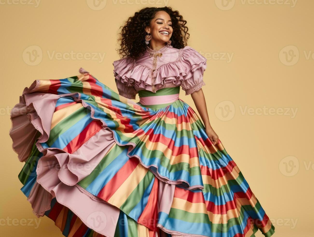 Smiling young woman of Mexican descent dressed in elegant dress on gray background AI Generative photo