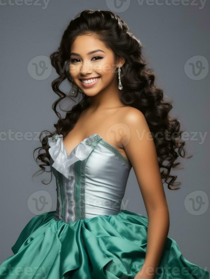 Smiling young woman of Mexican descent dressed in elegant dress on gray background AI Generative photo
