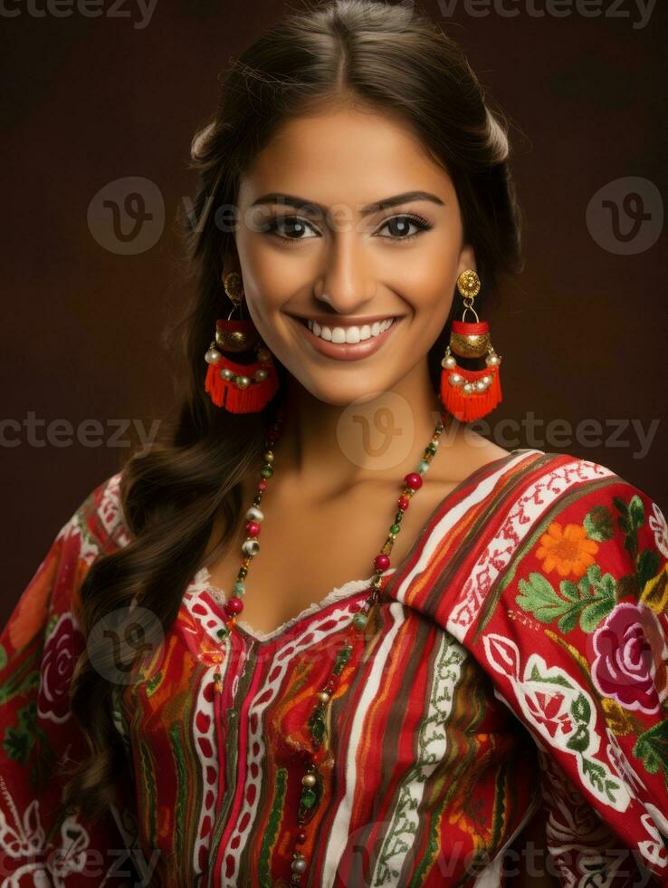 sonriente joven mujer de mexicano descendencia vestido en elegante vestir en gris antecedentes ai generativo foto