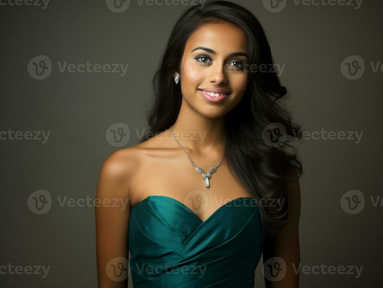 Smiling young woman of Mexican descent dressed in elegant dress on gray background AI Generative photo