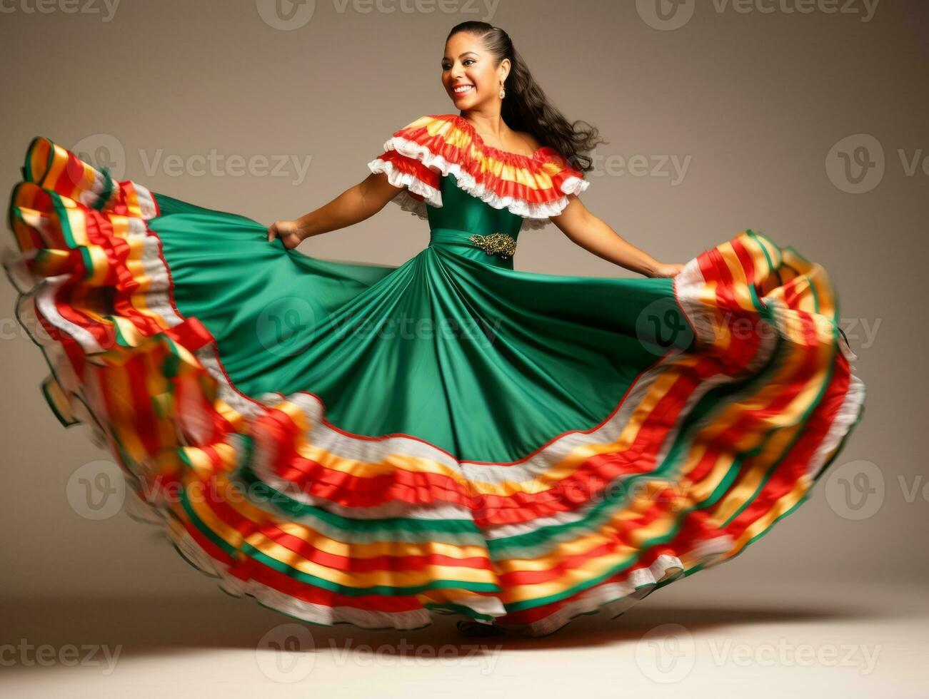 sonriente joven mujer de mexicano descendencia vestido en elegante vestir en gris antecedentes ai generativo foto