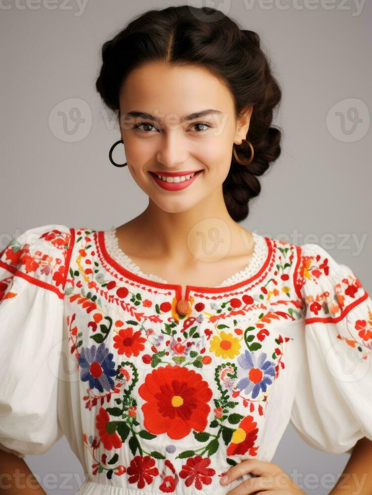 sonriente joven mujer de mexicano descendencia vestido en elegante vestir en gris antecedentes ai generativo foto