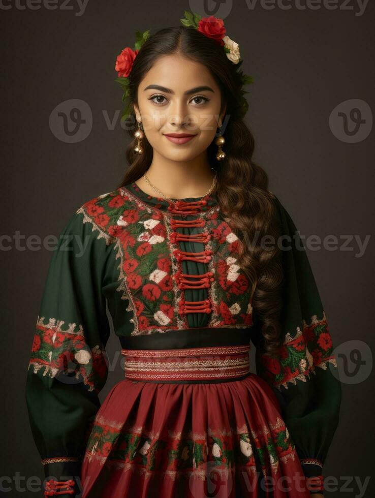 Smiling young woman of Mexican descent dressed in elegant dress on gray background AI Generative photo