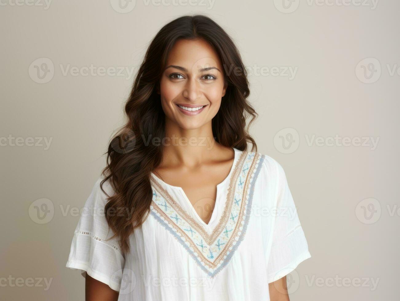 Smiling young woman of Mexican descent dressed in elegant dress on gray background AI Generative photo