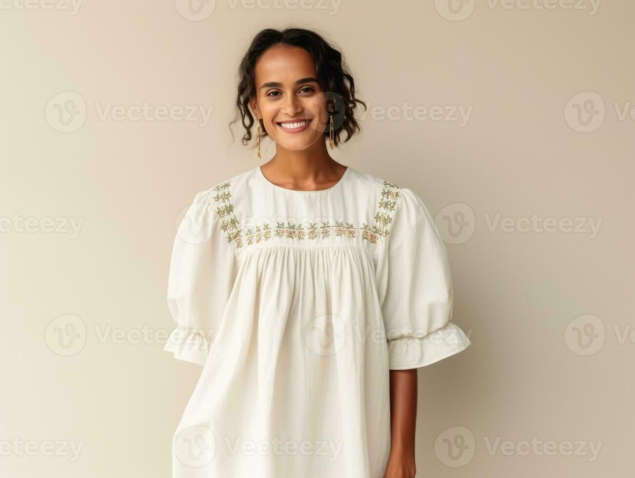 Smiling young woman of Mexican descent dressed in elegant dress on gray background AI Generative photo