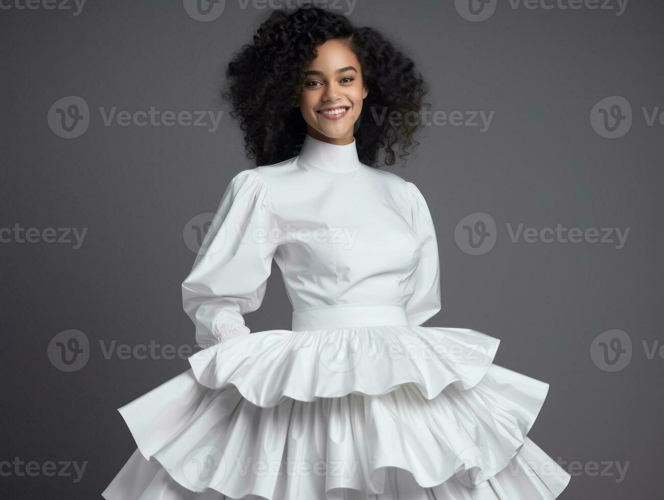 Smiling young woman of Mexican descent dressed in elegant dress on gray background AI Generative photo