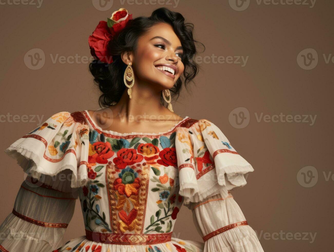 Smiling young woman of Mexican descent dressed in elegant dress on gray background AI Generative photo