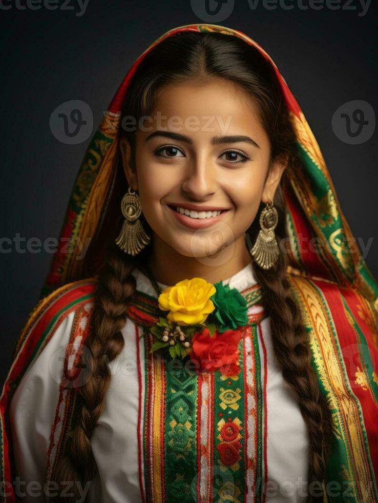 Smiling young woman of Mexican descent dressed in elegant dress on gray background AI Generative photo