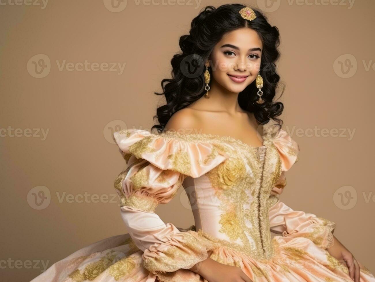 Smiling young woman of Mexican descent dressed in elegant dress on gray background AI Generative photo