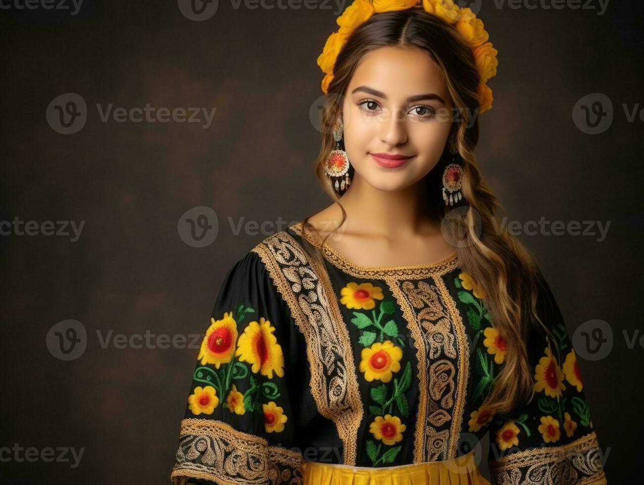 sonriente joven mujer de mexicano descendencia vestido en elegante vestir en gris antecedentes ai generativo foto