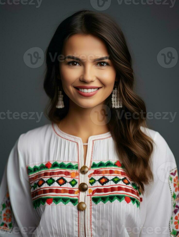 Smiling young woman of Mexican descent dressed in elegant dress on gray background AI Generative photo