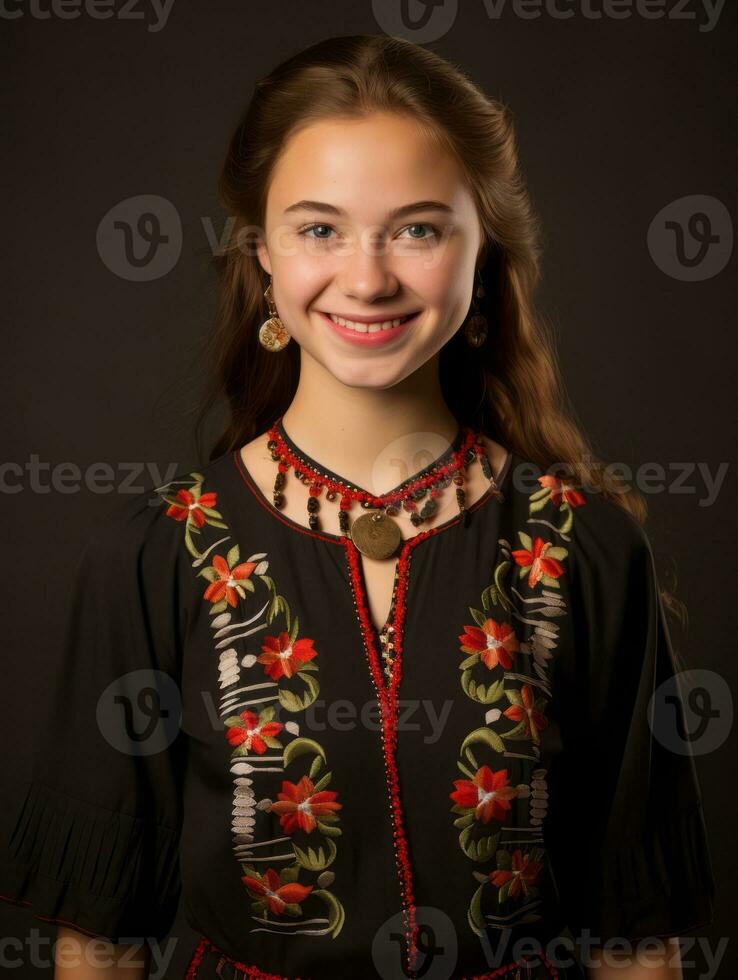 Smiling young woman of Mexican descent dressed in elegant dress on gray background AI Generative photo