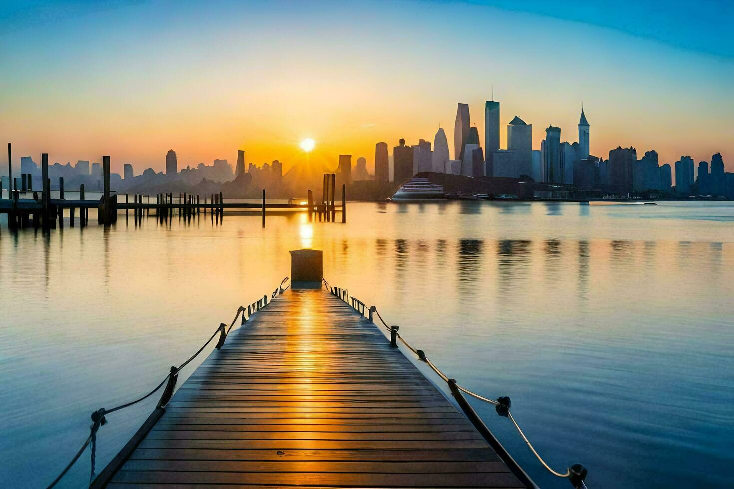 a pier leads to a city skyline at sunset. AI-Generated photo