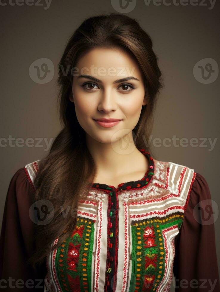 sonriente joven mujer de mexicano descendencia vestido en elegante vestir en gris antecedentes ai generativo foto