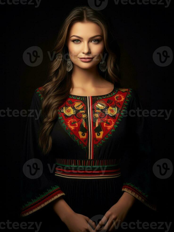 Smiling young woman of Mexican descent dressed in elegant dress on gray background AI Generative photo