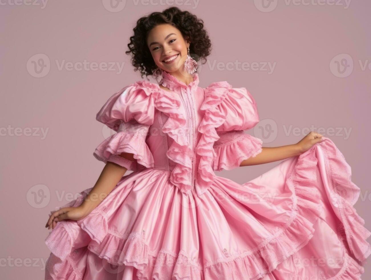 Smiling young woman of Mexican descent dressed in elegant dress on gray background AI Generative photo