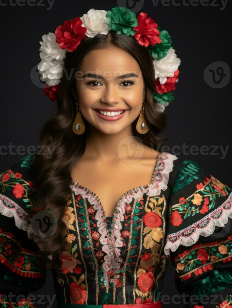 sonriente joven mujer de mexicano descendencia vestido en elegante vestir en gris antecedentes ai generativo foto