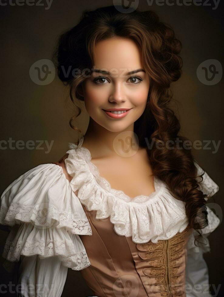 Smiling young woman of Mexican descent dressed in elegant dress on gray background AI Generative photo