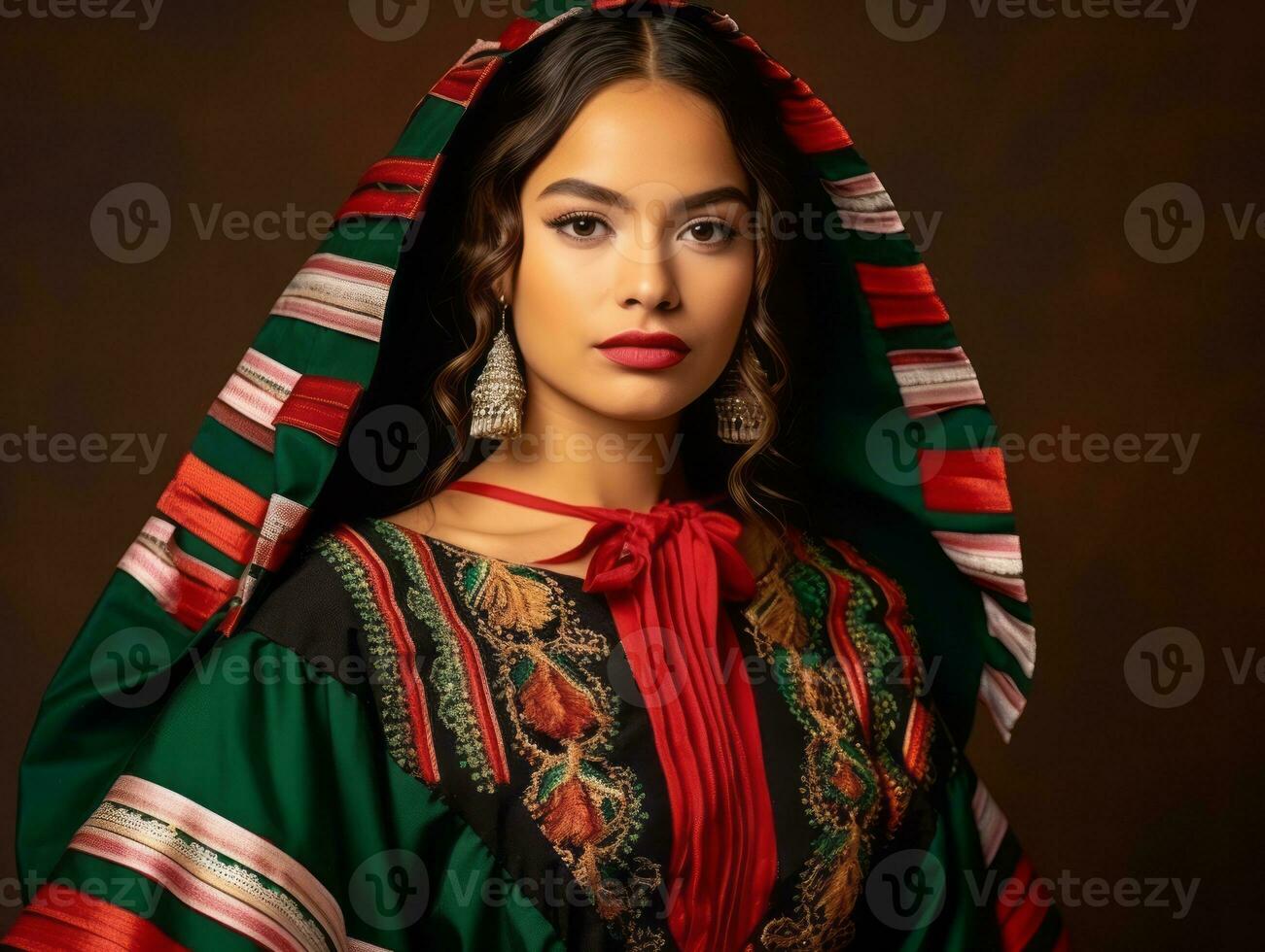 Smiling young woman of Mexican descent dressed in elegant dress on gray background AI Generative photo