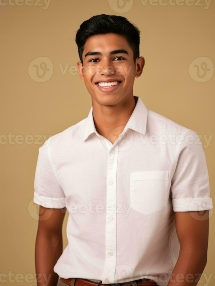 Smiling young man of Mexican descent against neutral background AI Generative photo