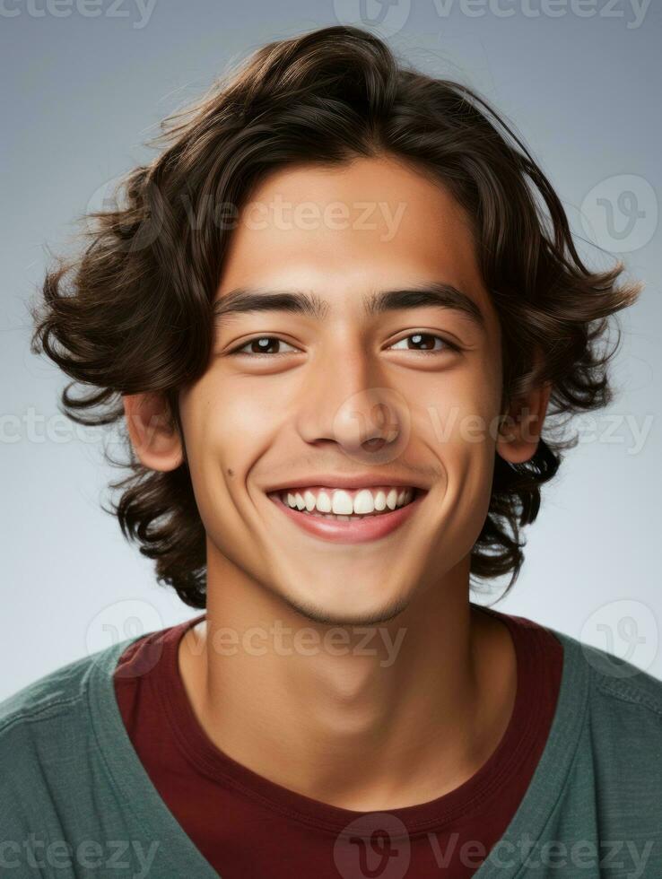 Smiling young man of Mexican descent against neutral background AI Generative photo